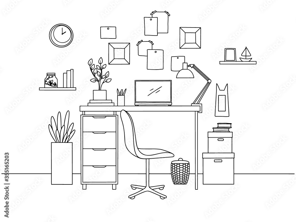 Poster sketch the room. office chair, desk, various objects on the table. sketch workspace. vector
