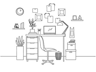 Sketch the room. Office chair, desk, various objects on the table. Sketch workspace. Vector - 355165203
