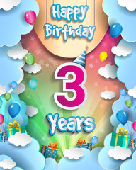 3rd Years Birthday Design for greeting cards and poster, with clouds and gift box, balloons. design template for anniversary celebration.
