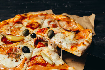 tasty pizza on wooden rustic table