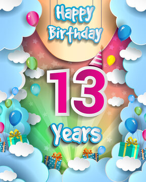 13th Years Birthday Design for greeting cards and poster, with clouds and gift box, balloons. design template for anniversary celebration.