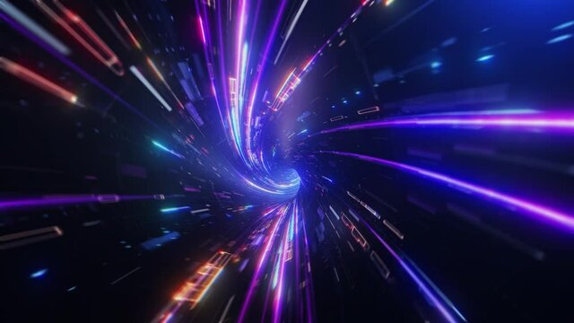 Speed of colorful digital lights, neon glowing rays in motion into digital technologic tunnels. 3D render