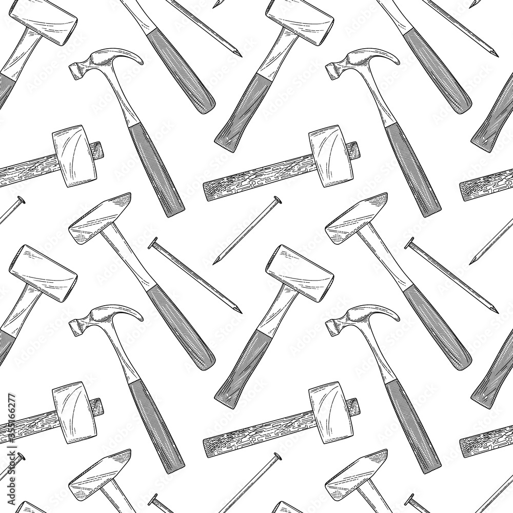 Poster seamless pattern with different hammers and nails on a white background. vector illustration