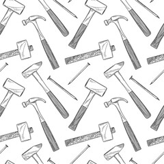 Seamless pattern with different hammers and nails on a white background. Vector illustration