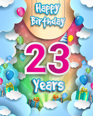 23rd Years Birthday Design for greeting cards and poster, with clouds and gift box, balloons. design template for anniversary celebration.