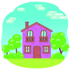 Obraz na płótnie Canvas Cartoon house in the flat style. Isolated vector image. House with trees and clouds in sky