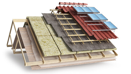 Layered scheme of roof covering and solar batteries installing, 3d illustration © vipman4