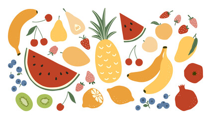 Hand drawn vector juicy fruits collection. Summer tropical set. Flat fruit elements and leaves isolated on white background. Simple vegetarian healthy food vector illustration. Healthy fresh nutrition