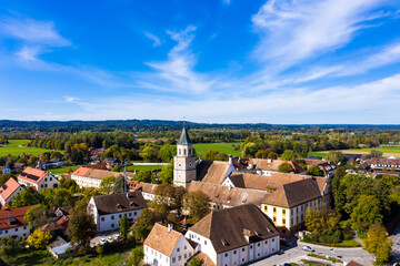 Polling with the parish church of St. Salvator and Heilig Kreuz, former Augustinian canons collegiate church, Upper Bavaria, Bavaria, Germany