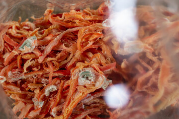 Dried squid be moldy on a clear plastic bag not good for health and risk cancer