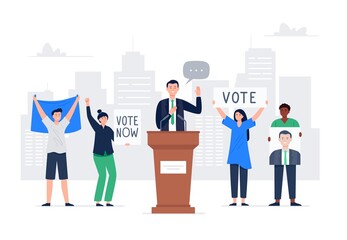 Politician man giving a speech during the election campaign. Characters holding voice banners. People support a candidate. Flat illustration concept of public speaking. - obrazy, fototapety, plakaty