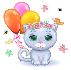 Cute cartoon pink cat, a kitten on a background of flowers holds balls with its tail