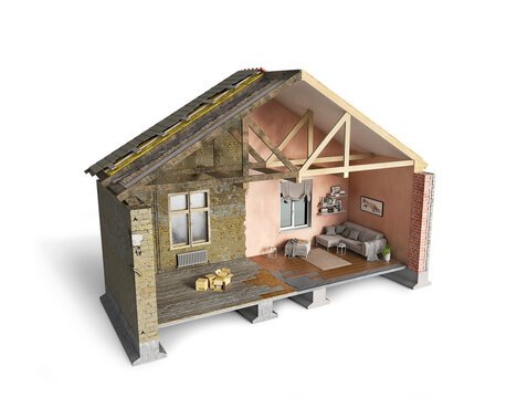 Old dirty damaged part of house and roof and new renovated living area, 3d illustration