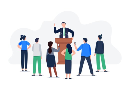 A man speaker and a group of people listen to a speech. A speech from tribune with microphones. Male political character and electorate. Vector flat concept illustration.