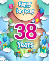 38th Years Birthday Design for greeting cards and poster, with clouds and gift box, balloons. design template for anniversary celebration.