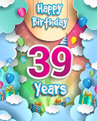 39th Years Birthday Design for greeting cards and poster, with clouds and gift box, balloons. design template for anniversary celebration.