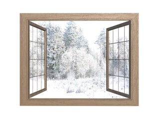 Winter landscape view in window isolated on a white. 3D illustration