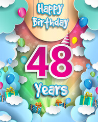 Naklejka premium 48th Years Birthday Design for greeting cards and poster, with clouds and gift box, balloons. design template for anniversary celebration.