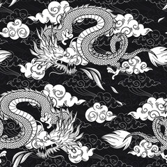 Vector seamless pattern with chinese dragon and clouds. Black and white hand draw. Abstract art print.  Wallpaper, cloth design, fabric, tissue, textile design template, background.
