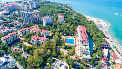 Residential multi-storey complex on the shore of Gelendzhik Bay, Gelendzhik resort on a clear Sunny day. From a bird's eye view