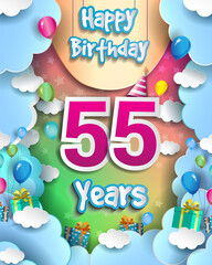 55th Years Birthday Design for greeting cards and poster, with clouds and gift box, balloons. design template for anniversary celebration.