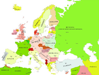 Europe political vector map for the year  1939 - obrazy, fototapety, plakaty