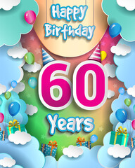 60th Years Birthday Design for greeting cards and poster, with clouds and gift box, balloons. design template for anniversary celebration.