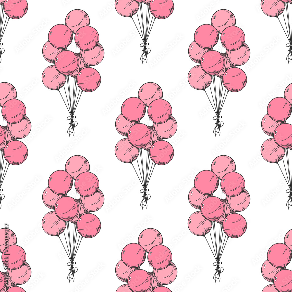 Poster seamless pattern. different balloons. inflatable balls on a string. vector illustration