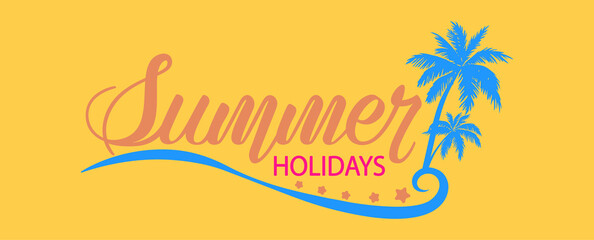 Fototapeta na wymiar Summer vector illustration with hand lettering on a bright background. Template logo, badge, sticker, banner, greeting card or label.