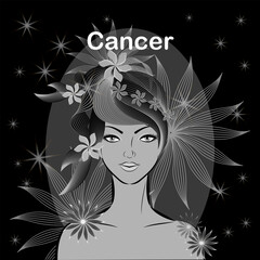 Elegant gentle girl with a fantastic hairdo on a black background.Sign of the zodiac Cancer.
