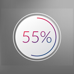 55 percent circle chart symbol. Vector red blue gradient element. Infographic sign on gray dotted background. Illustration, icon for business, finance, report, web design, downloading