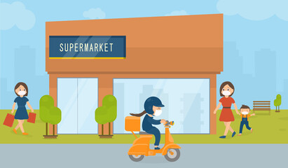  The blue shirt men are driving Scooters, delivering items to wear masks from city supermarkets to prevent germs and air pollution.vector illustration. New normal after COVID-19 pandemic concept