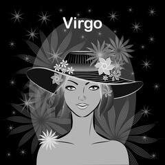 Elegant gentle girl with a fantastic hairdo on a black background.Sign of the zodiac Virgo.
