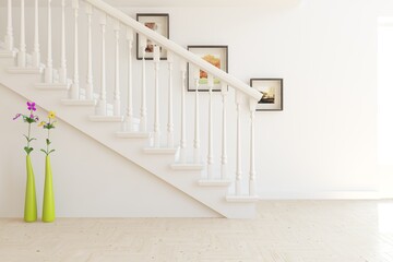 White minimalist empty room with srair. Scandinavian interior design. 3D illustration