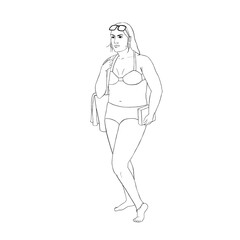 Fototapeta premium Curvy woman wearing bikini, walking at the beach with an book in her hand.