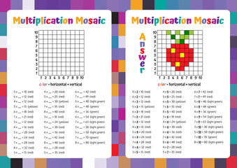 Multiplication Mosaic Math Puzzle Worksheet. Educational Game. Coloring Book Page Mathematical Game. Pixel Art. 