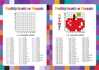 Multiplication Mosaic Math Puzzle Worksheet. Educational Game. Coloring Book Page Mathematical Game. Pixel Art. 