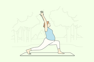 Sport, pregnancy, healthcare concept. Young pregnant woman cartoon character does yoga practicing activity exercise in park. Healthy lifestyle and outdoor recreation for expecting mothers illustration