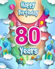 80th Years Birthday Design for greeting cards and poster, with clouds and gift box, balloons. design template for anniversary celebration.