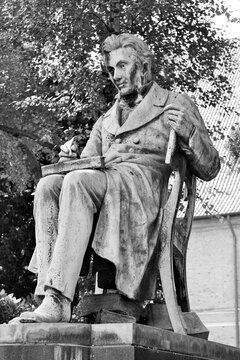 Philosopher and writer S&oslash;ren Kierkegaard's statue in Copenhagen, Denmark in b/w