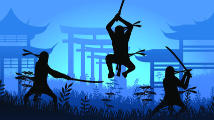 Ninja Samurai With Sword On Blue Background Vector Architecture © Дмитрий