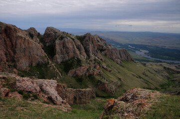 mountains in Tuva on the Bank of the Yenisei in summer