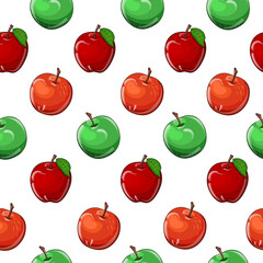 Vector hand drawn seamless pattern with green, orange and red fresh apple fruits. Graphic texture for package, label, wrapping paper, card, gift, fabric, print, banner, wallpaper.