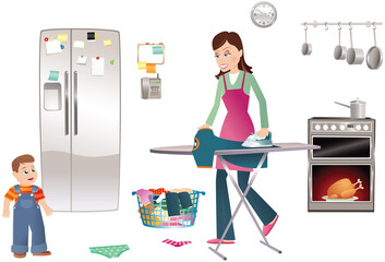 Busy mother ironing and cooking