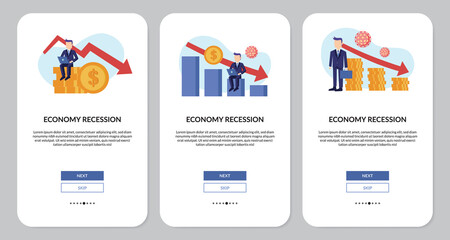 Naklejka premium Set businessman with coat and activity with chart downtrend of recession economy and inflation.