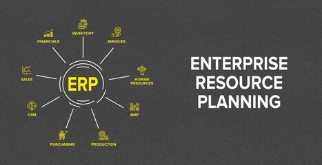 Enterprise resource planning (ERP) module icon construction concept on circle flow chart on abstract/ Rough/ cement wall texture background - obrazy, fototapety, plakaty
