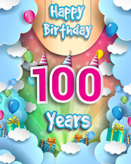 100th Years Birthday Design for greeting cards and poster, with clouds and gift box, balloons. design template for anniversary celebration.