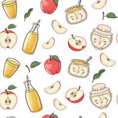 Vector hand drawn seamless pattern with apple fruits, leaves, jam jars and juice. Graphic texture for package, wrapping paper, card, label, fabric, poster, menu, cafe, restaurant, advertising, wallpap