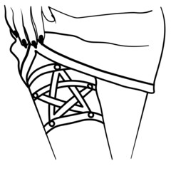 Hand holding skirt, leg garter, black nails. Minimalistic outline vector  illustration.