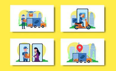 online public service delivery concept. cargo courier with deliveryman and drone with package at the city skyscraper.